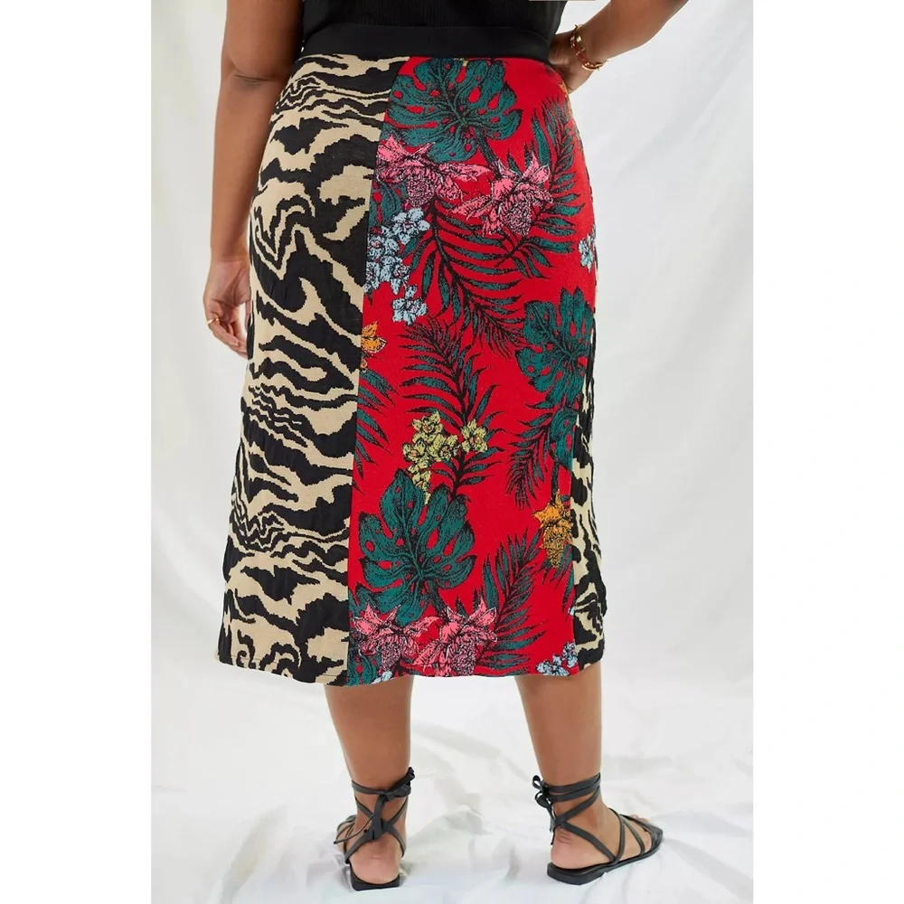 Anthropologie | Red and Black Contrast Sweater Safari Patterned Midi Skirt ~ XL - Picture 3 of 11